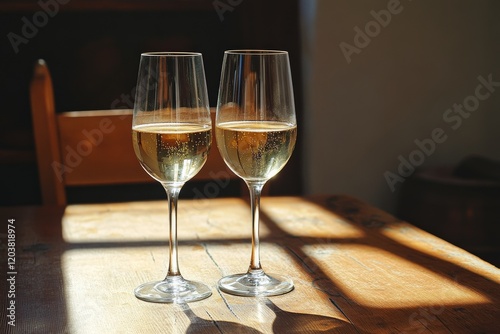 Elegant champagne glasses on a table with soft candlelight in a cozy setting ...