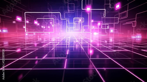 Abstract futuristic, animated background with pink neon lights. IT, cyberspace, computer data transfer. Perfect for technology and cyber concepts. Virtual reality, artificial intelligence.