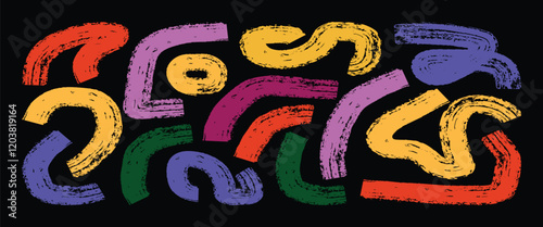 Brush drawn fun brush bold ribbons. Vector creative funky thick strokes, bold texture lines. Confetti style zigzag bold curly strokes.