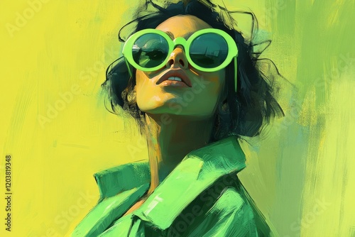 Stylish woman in vibrant green jacket and sunglasses posing against textured ...