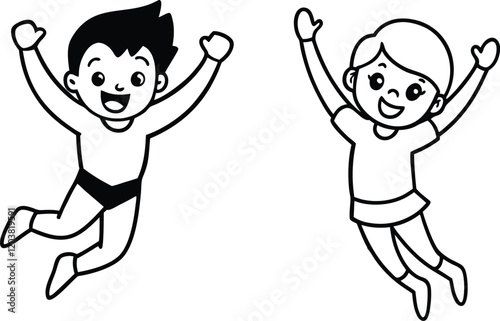 Happy kids jumping line art coloring page
