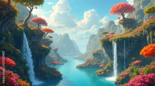 Vibrant Surreal Dreamscape with Floating Islands and Waterfalls