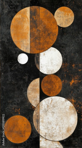 Geometric abstract art featuring circles in earthy tones on a dark background