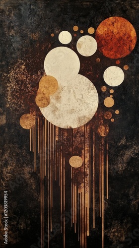 Geometric abstract art featuring circles in earthy tones on a dark background