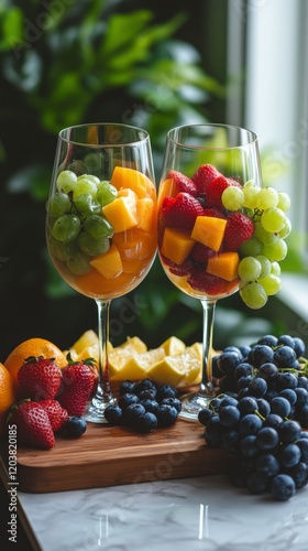 Fresh fruit salad with vibrant colors served in clear glasses on wooden board