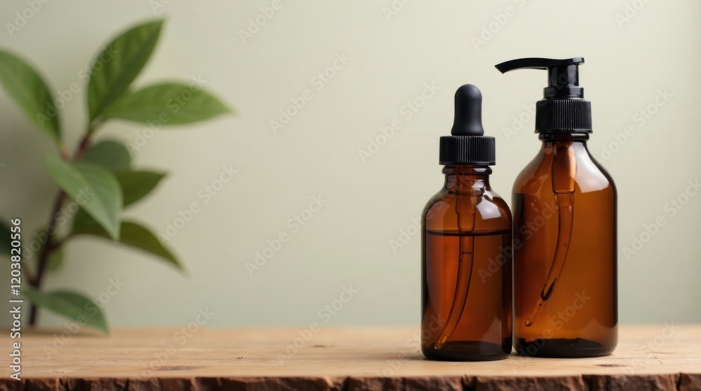 Amber bottles of essential oils on a wooden surface with a blurred green plant in the background, perfect for spa or wellness product advertising. Amber bottles of essential oils on a wooden surface with a blurred green plant in the background, perfect for spa or wellness product advertising.