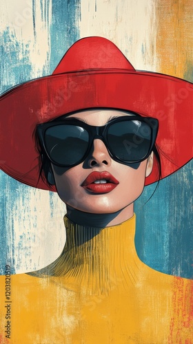 Confident woman in a red hat and oversized sunglasses poses against a colorfu...
