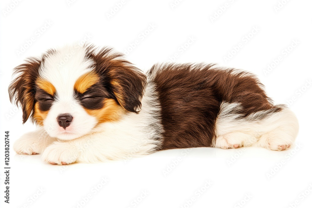 Adorable sleeping puppy with fluffy fur resting peacefully on a white background Adorable sleeping puppy with fluffy fur resting peacefully on a white background
