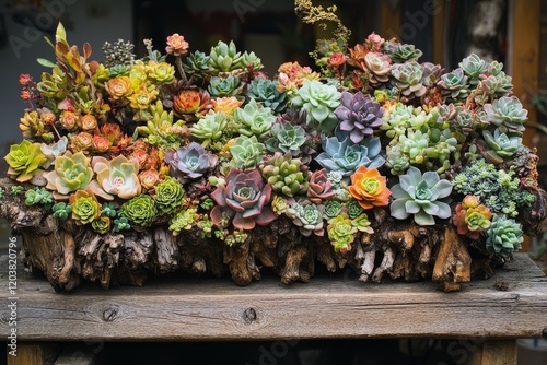 Succulent plants arranged on a wooden table in natural light showcasing vario...