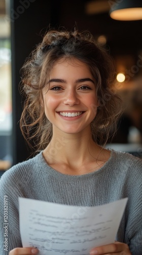 Smiling woman holding a menu in a cozy cafe during the morning light
