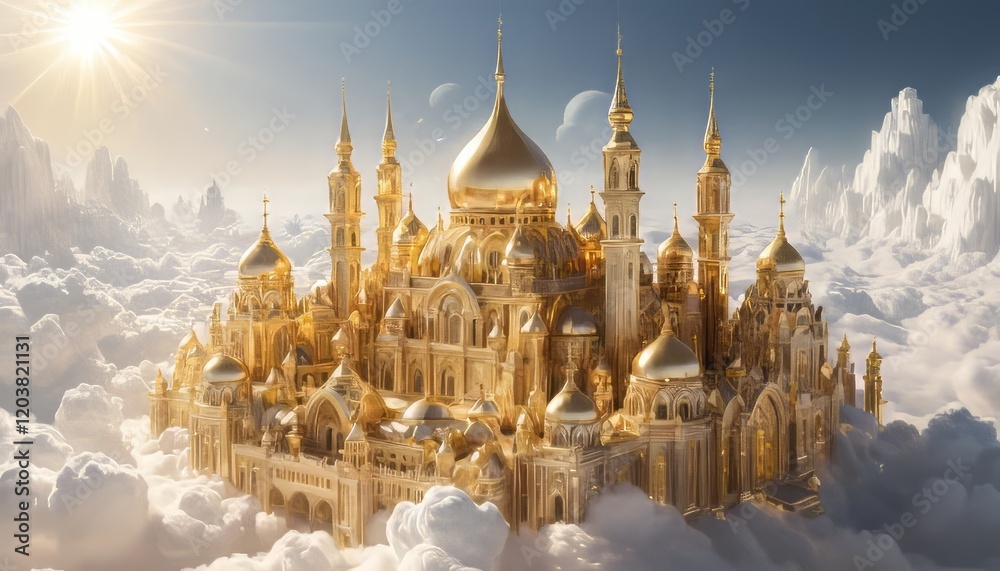 Naklejka premium An artificial intelligence-based image of the Golden City in heaven: A Dream of Architecture