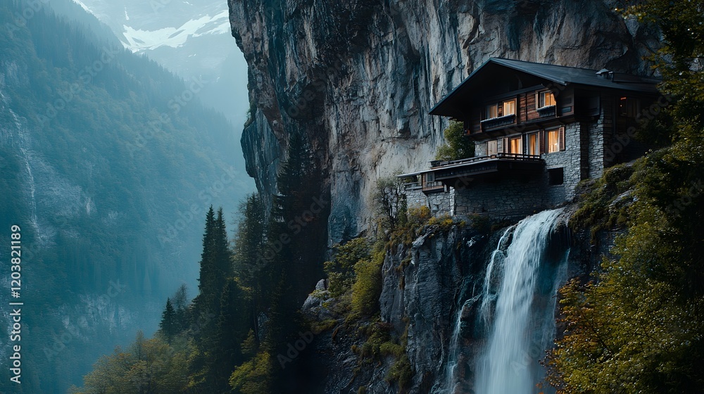 Fototapeta premium An alpine villa built into a steep cliff with a waterfall cascading nearby.