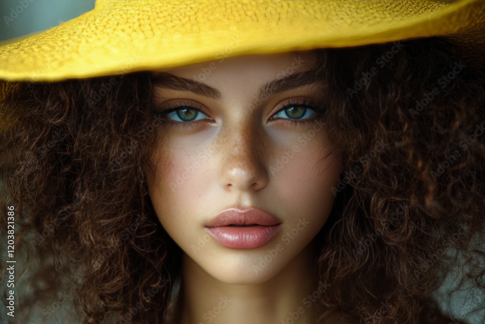 Young woman with curly hair and a large yellow hat poses for a close-up portrait outdoors Young woman with curly hair and a large yellow hat poses for a close-up portrait outdoors