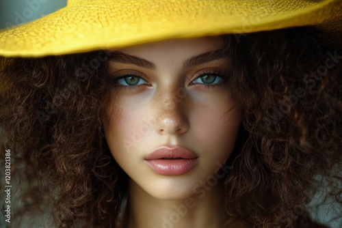 Young woman with curly hair and a large yellow hat poses for a close-up portr...