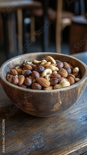 Variety of nuts arranged in a wooden bowl on a rustic table