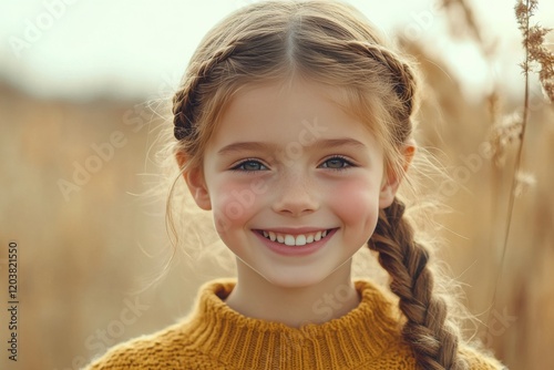 Smiling girl with braided hair in a warm sweater in a grassy field during gol...