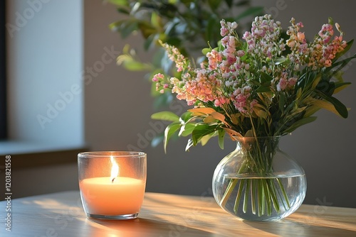 Beautiful bouquet of flowers and candle create a cozy atmosphere in a dimly l...