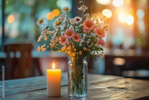 Beautiful bouquet of flowers and candle create a cozy atmosphere in a dimly l...