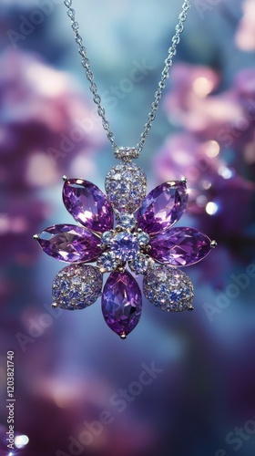 Pendant necklace with intricate purple gemstones and sparkling details in an ...