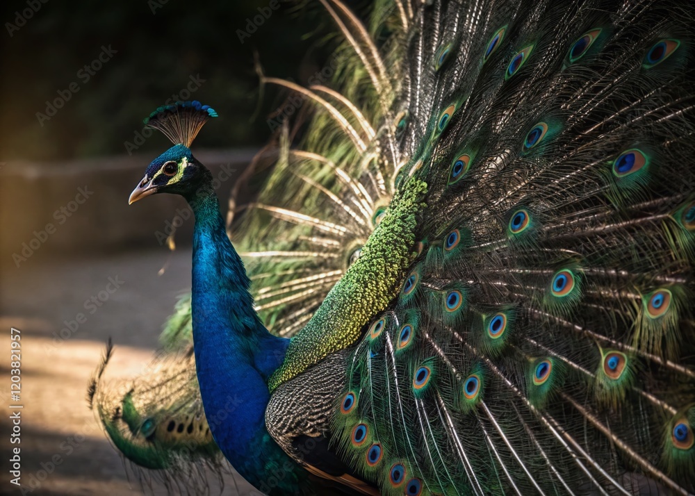Fototapeta premium Majestic Peacock with Full Feather Display, High-Resolution Stock Photo