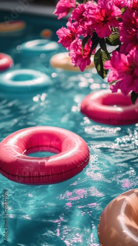 Brightly colored pool floats surrounded by vibrant flowers during a sunny day...