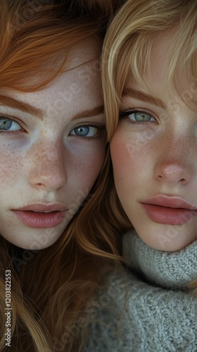 Close-up of two red-haired women with freckles posing together in cozy sweate...