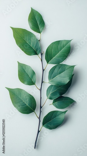 Lush green leaves arranged artistically on a pale background showcasing natur...