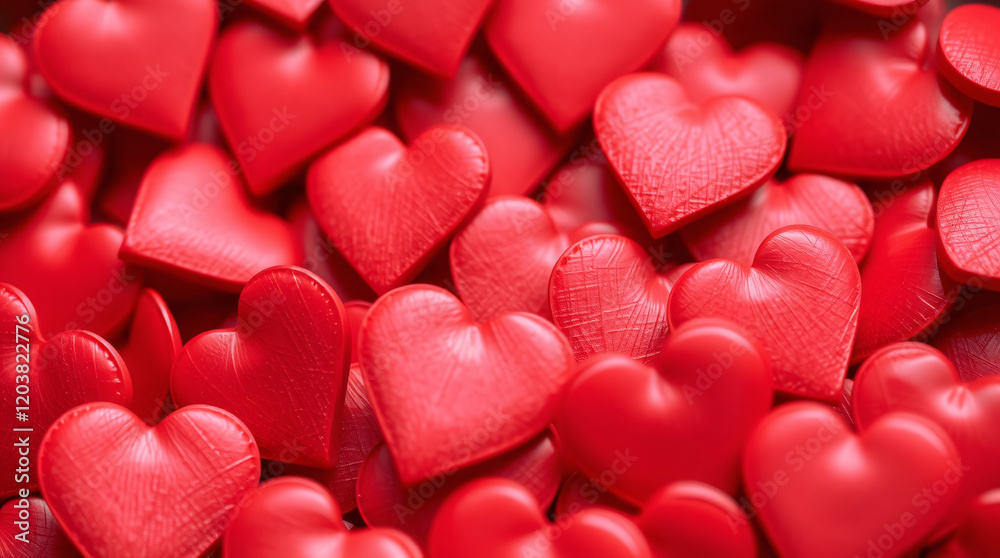 Obraz premium A detailed close-up of glossy red hearts, featuring a polished texture and vibrant red theme, ideal for expressing love on Valentine's Day