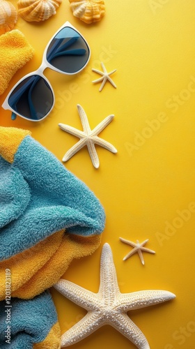 Bright summer beach accessories with towels and starfish on yellow background