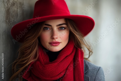 Woman in a red hat and orange scarf smiles confidently in a bustling city set...