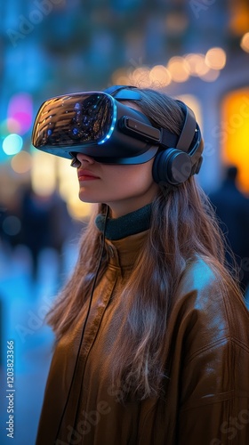 Virtual reality experience in a city setting during a rainy evening