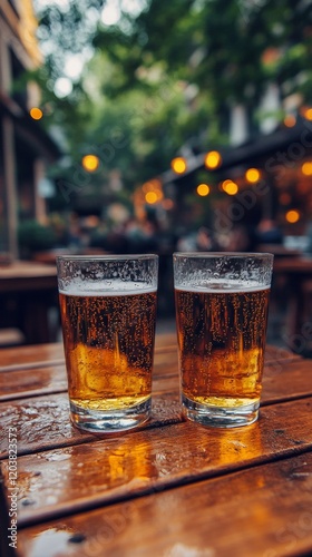 Enjoying refreshing drinks at a lively outdoor restaurant during sunset