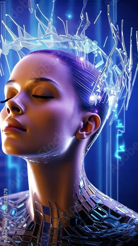 Woman with a visible cybernetic brain, ideal for content on AI, innovation, cybernetics, and the fusion of technology with humanity. IT, cyberspace, computer data transfer, VR.