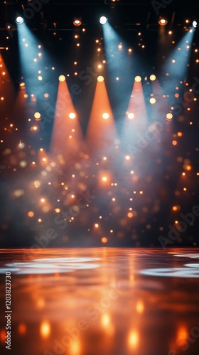 Stage lights illuminate a vibrant performance area during a live event in an ...
