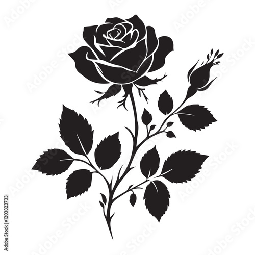 Decorative rose with long stem and leaves. Flower sketch. Vector illustration Silhouetted rose with leaves and thorns on stem, perfect for love and nature themed designs