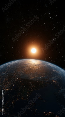 Sunrise over Earth captured from space revealing vibrant colors and distant s...