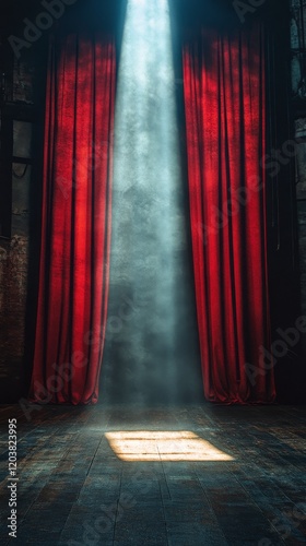 Light shining through red velvet curtains in a dark theater setting with smoke