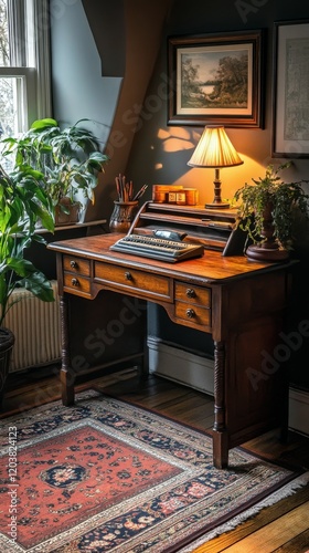 Warm sunlight streams through a window illuminating a vintage wooden desk in ...