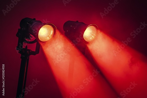 Bright red stage lights create dramatic atmosphere for performance in a dimly...