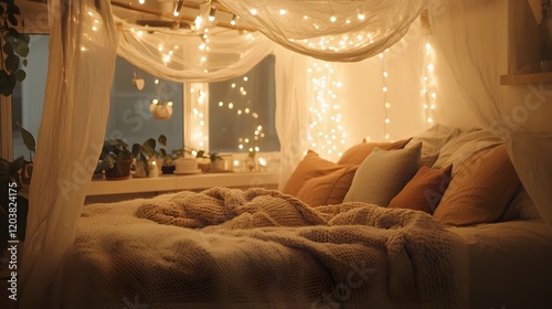 A cozy loft bedroom with a canopy bed layered blankets and string lights creating a dreamy atmosphere.