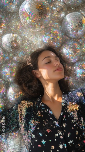 Sparkling fashion shoot with model posing among disco balls in vibrant colors