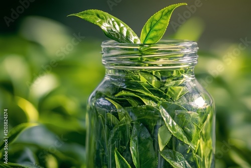 Fresh green tea leaves in a glass jar amidst lush tea plantation during daylight