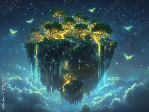 A mystical floating forest where radiant trees rise high into the starlit sky. Ethereal birds with glowing wings soar through the air, while golden pathways wind through the bioluminescent undergrowth photo