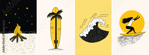 Hand drawn whimsical style summer surfing illustrations