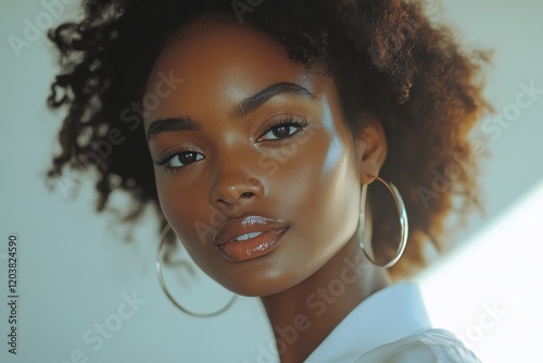 Close-up of a woman showcasing her beauty with hoop earrings against a vibran...