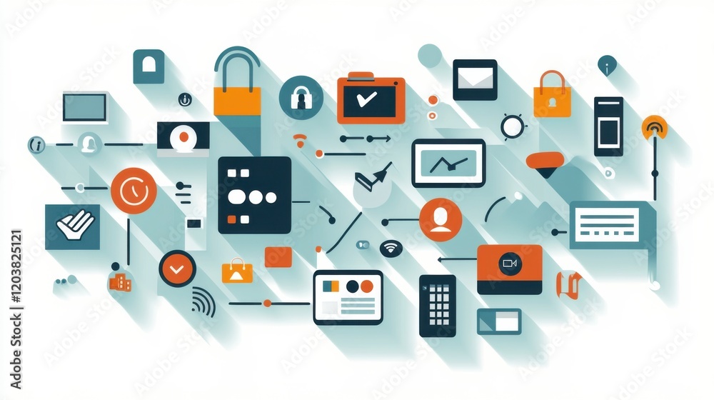 Abstract illustration of technology icons and symbols representing connectivity and data Abstract illustration of technology icons and symbols representing connectivity and data