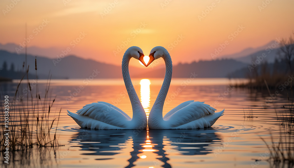Fototapeta premium Romantic Swans Forming Heart Sunset Lake Serenity