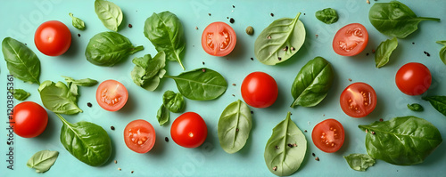 Tomatoes, Basil, Herbs, Teal Background, Food Styling