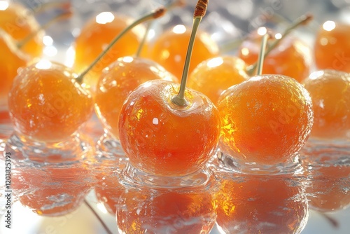 Cluster of radiant amber cherries glistening in sunlight on a reflective surface with a dreamy backdrop photo