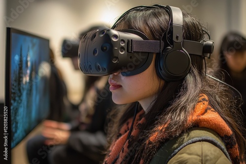 Virtual reality experience in a neon cityscape at night with a focused user